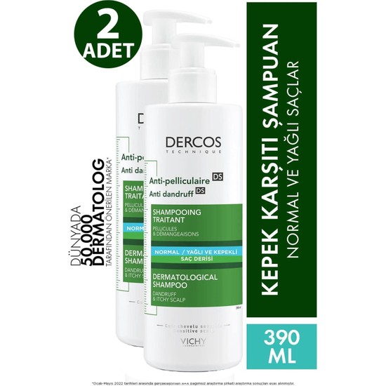 ASF Store Vichy Dercos Anti-Pelliculaire Anti-Dandruff Şampuan 390 ml - Normal ve Yağlı Saçlar 2 Adet