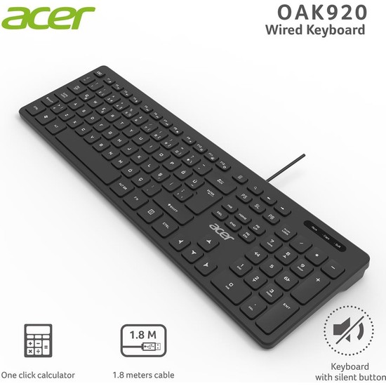 Acer OAK920 Q USB Siyah 1.8mt Kablolu Klavye-Tek Tuş Hesap Makinalı (Sessiz Tuş)