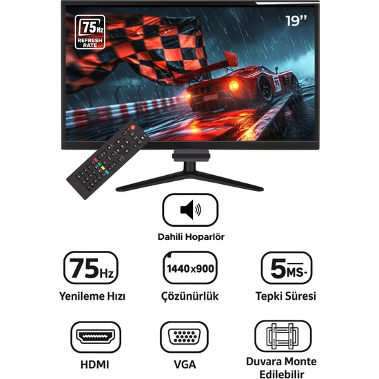 Snrelk 19" Sesli Dahili Hoparlör 12V (Kumandalı) Geniş Ekran 75 Hz 5ms (Vga,hdmı) LED Monitör