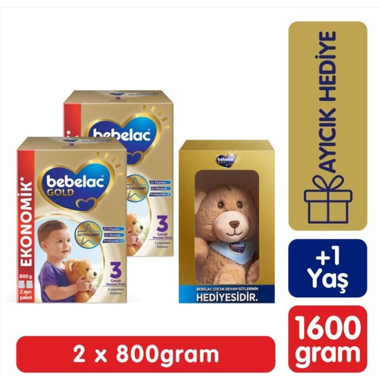 Bebelac Gold 3 Devam Sütü +1 Yaş 800 gr x 2 Adet Ayıcık Hediyeli