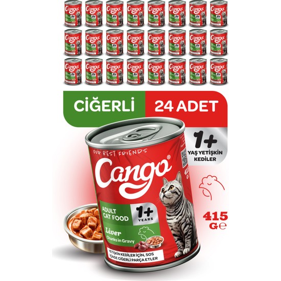 Cango Premium Kalite Yetişkin Yaş Kedi Maması Ciğerli 415GR 24 Adet Lezzetli Besin