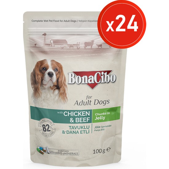 Jöleli Tavuklu Dana Etli Pouch Yaş Köpek Maması, 100 gr x 24 Adet, Tüm Irklar Için, Şekersiz