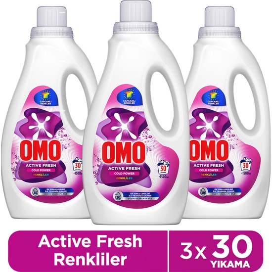 Omo Active Fresh Cold Power Renkliler Için Sıvı Deterjan 1500 ml X3
