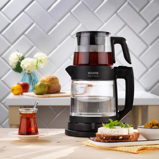 Schafer Optimal Siyah Cam Çay Makinesi 1 Litre Demlik Kapasitesi ve 1.8 Litre Su Isıtıcı