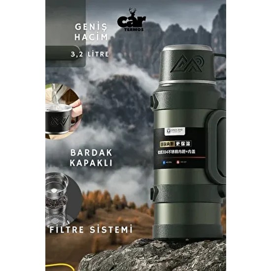 Car Termos Safe 3.2 Litre Dağcı Termos Çelik Malzeme ile 24 Saat Sıcak Tutma Süresine Sahip Haki