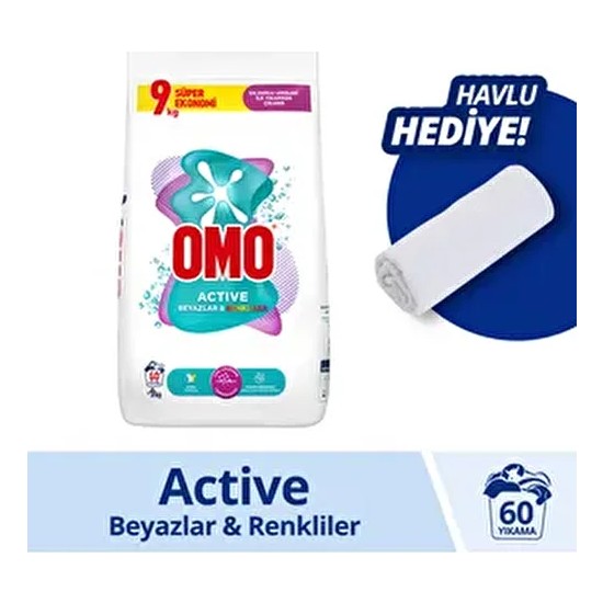 Active Toz Çamaşır Deterjanı Beyazlar ve Renkliler 9 kg X1 Havlu Hediye