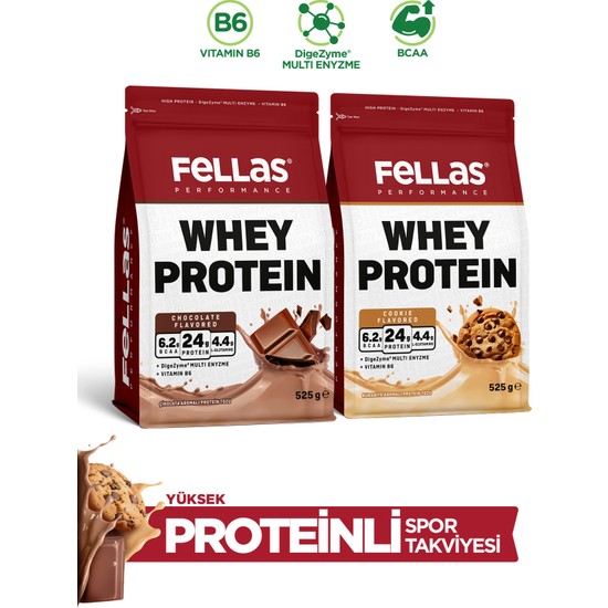 Fellas Whey Protein Tozu 2'li Deneme Paketi 525g x 2 Çikolata - Kurabiye Aromalı Yüksek Protein
