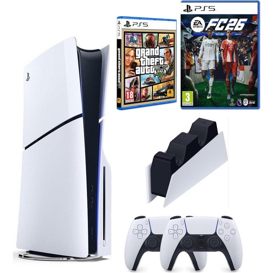 Sony Playstation 5 Slim +2.kol Dualsense +Şarj Istasyonu +Ps5 FC26 + Gta V ( Ithalatçı Garantili)