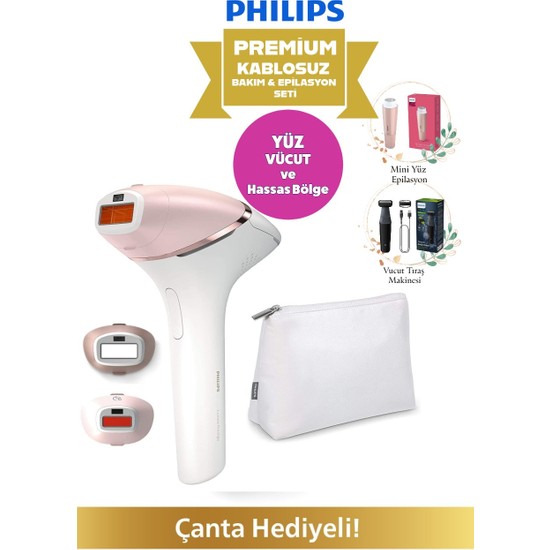 Philips Cilt Tonu Sensörü Kablosuz Yüz, Vücüt ve Hassas Bölge Bakım & Akıllı Lazer Premium Epilasyon Seti