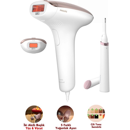 Ipl Lazer Epilasyon Cihazı, 2 Akıllı Başlık (Vücut ve Yüz Başlığı), Cilt Tonu Sensörü, Compact Kalem Düzeltici, Uzun Ömürlü Kullanım+ Lambader (Onerous)
