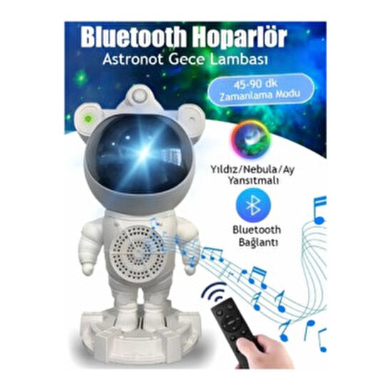QASUL Astronot Projektör Bluetooth Hoparlör Yıldız Işıklı Beyaz Gece Lambası Kumandalı