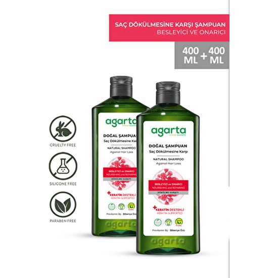 Agarta 2 Adet Dökülme Karşıtı Tuzsuz Şampuan 400 ml Bitkisel Biberiye İçerir, Paraben İçermez