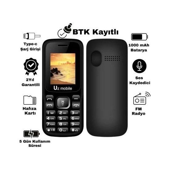 UZ Mobile - Yerli Üretim Tuşlu Cep Telefonu (Uz Türkiye Garantili)