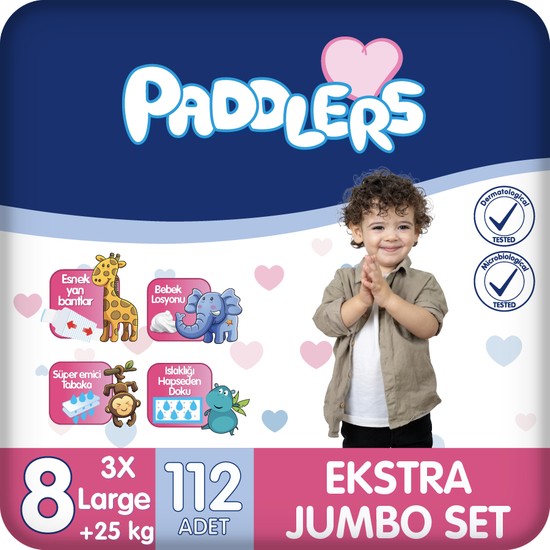 Paddlers 8 Numara Bebek Bezi (25+Kg) Ekstra Yumuşak Bantlı Bez 112 Adet Jumbo Set