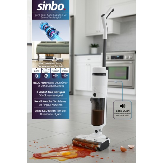 Sinbo SFC-4105 Beyaz Islak-Kuru Yüzey Temizleyici Şarjlı Kullanım ve 0,4 L Toz Haznesi ile