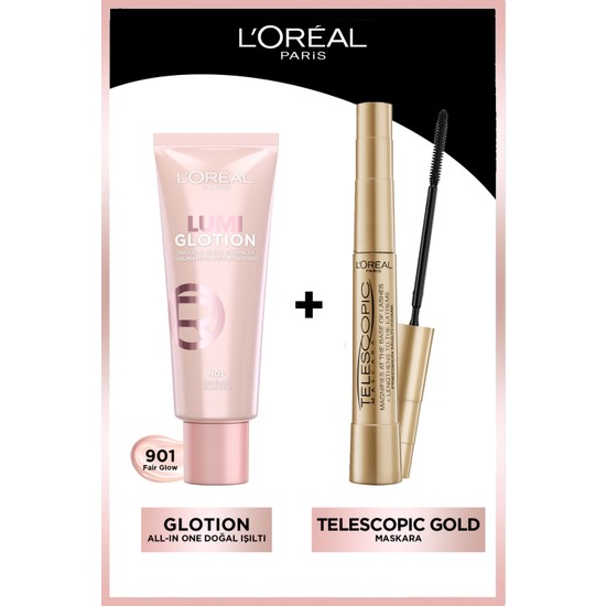 L'Oréal Paris L'oreal Paris Telescopic Maskara & Glotion All-In-One Doğal Işıltı 901 Siyah Makyaj Seti Günlük Kullanım İçin