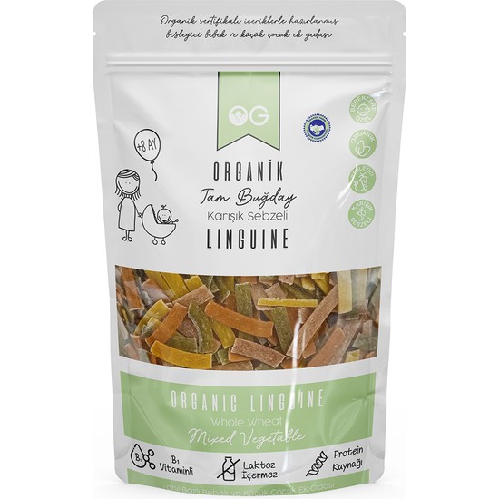 OG natural Organik Karışık Sebzeli Tam Buğday Şerit Makarna Linguine 200 Gr +8 Ay