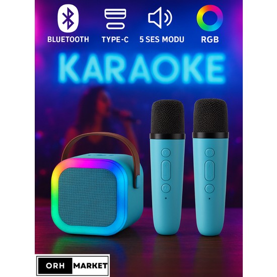 ORH MARKET Çift Mikrofonlu Kablosuz Karaoke Bluetooth Rgb Işıklı, Taşınabilir, Usb/sd Destekli Parti Hoparlörü
