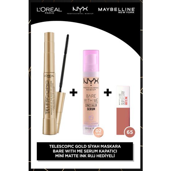 Telescopic Gold Maskara - Siyah + Bare With Me 02 + Ss Matte Ink 65 Mini