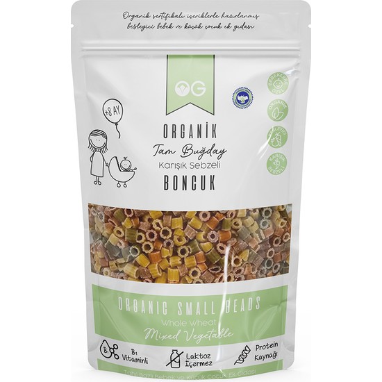 OG natural Organik Karışık Sebzeli Tam Buğday Boncuk Makarna 200 Gr +8 Ay
