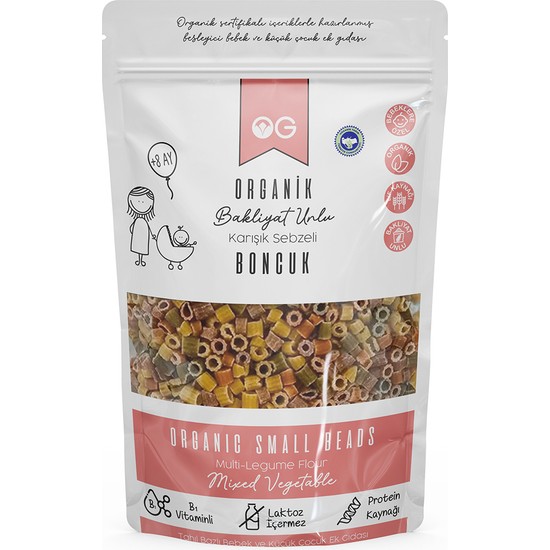 OG natural Organik Karışık Sebzeli Bakliyat Unlu Boncuk Makarna 200 Gr +8 Ay