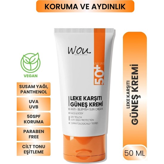Wou SPF50+ Leke Karşıtı Suya Dayanıklı 4 Mevsime Uygun Kolay Emilim Yüksek Koruma Güneş Kremi 50 ml