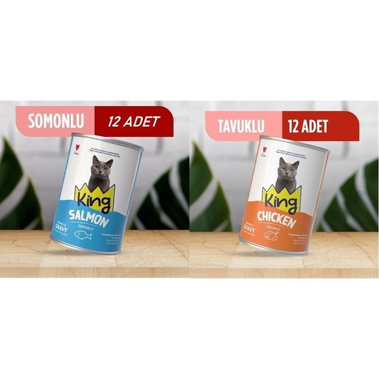 Kking Tavuklu ve Somonlu Sos İçerisinde Et Parçacıklı Kedi Konservesi 400 gr*24 Seçici Kediler İçin