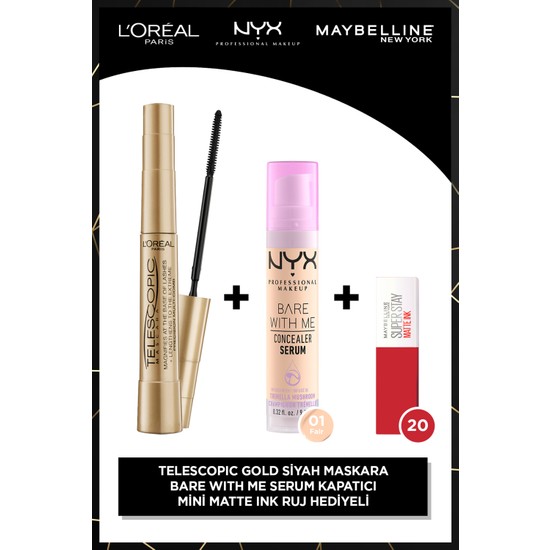 L'Oréal Paris Telescopic Gold & Bare With Me 01 Ten Makyaj Seti - Uzun Süre Kalıcı Matte Ink 20 Mini Ruj
