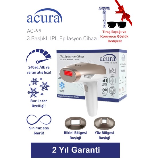 Acura Ac-99 Ultra Hızlı IPL Epilasyon Cihazı Beyaz - Altın Renkli 2 Başlıklı Özellikler