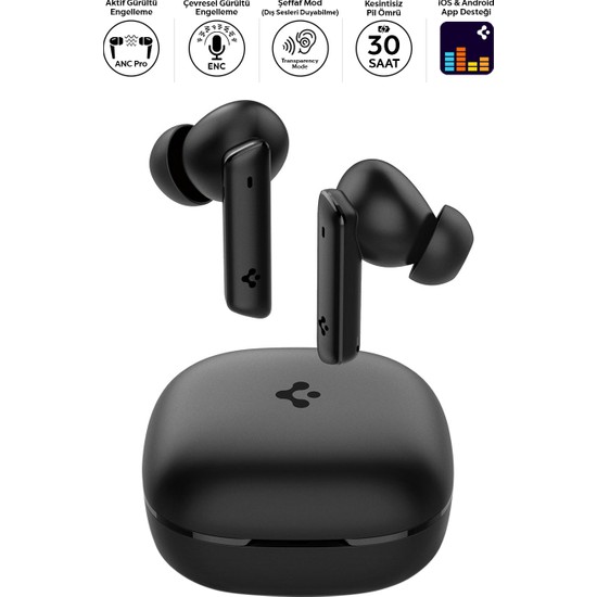 Spigen Audio TWS P20 Bluetooth Kablosuz Kulaklık - ANC Pro Aktif Gürültü Engelleme & 10mm Graphene Sürücü & 30 Saat & ENC 6 Mikrofon & Şeffaf & Gaming Mod iPX5 Black - ASD07888