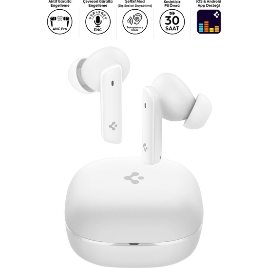 Spigen Audio TWS P20 Bluetooth Kablosuz Kulaklık - ANC Pro Aktif Gürültü Engelleme & 10mm Graphene Sürücü & 30 Saat & ENC 6 Mikrofon & Şeffaf & Gaming Mod iPX5 White - ASD07964