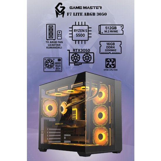 GM Game Master F7 Lite Argb RTX3050 Ryzen 5 5500 Cpu 16GB Ddr4 Ram 512GB M2 SSD RTX3050 6gb 7x Argb Fanlı Gaming Pc