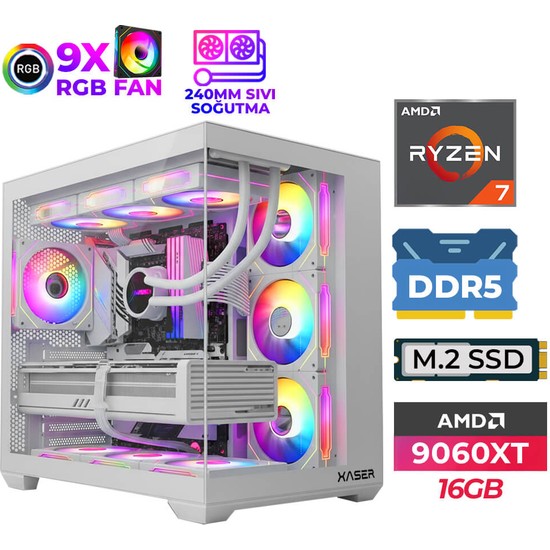 Xaser SOVAX70 Ryzen 7 7800X3D 32GB Ddr5 Ram 1tb M.2 Nvme SSD 16GB RX9060 Xt Sıvı Soğutmalı Oyuncu Tavsiye Sistem