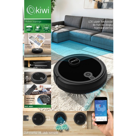 Kiwi KVC-4091 Akıllı Robot Süpürge | 6000PA Güçlü Emiş, Lazer Haritalama, Paspas , Uygulama Kontrollü