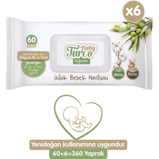 Baby Turco Doğadan Yenidoğan Islak Bebek Havlusu 360 Yaprak Zeytinyağlı 60 Adet x 6'lı