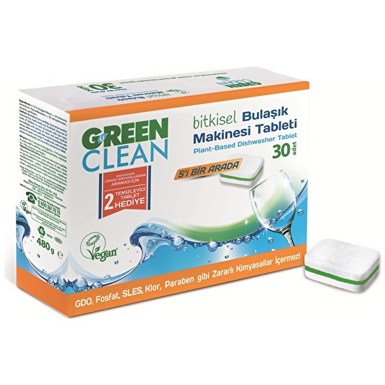 Green Clean Bitkisel Bulaşık Makinesi Tableti 30'lu Vegan Özellikli Temizlik Sunar