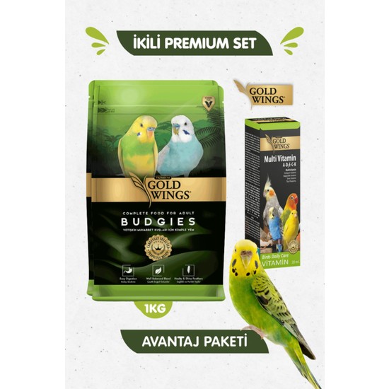 Gold Wings 2li Set - Premium Muhabbet Kuşu Yemi 1 kg + Muhabbet Kuşu Multivitamin Tüy Oluşum Desteği 20ML