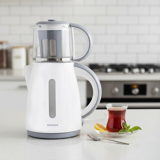 Homend Royaltea 1755H 0.9 L Cam Demlikli Beyaz Plastik Çay Makinesi Sıcak Tutma Özelliği ile