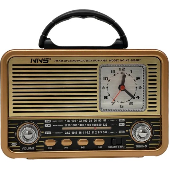 Nns NS-8898 Nostalji Analog Saatli Radyo Bluetooth Hoparlör Usb/tf/ Aux Giriş Bataryalı 8 Watt