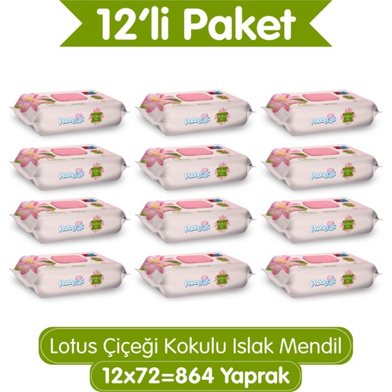 Paddlers Lotus Çiçeği Kokulu Islak Mendil 864 Yaprak (12x72) Koli - Yumuşak Dokulu- %0 Alkol
