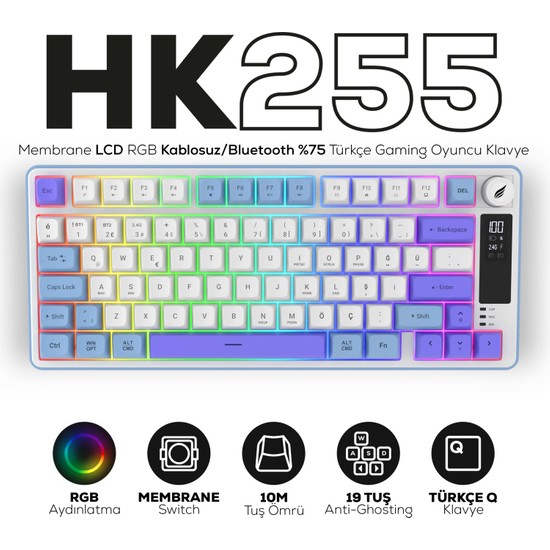 Hawk Gaming Chair HK255 Membrane LCD Rgb Kablosuz/Bluetooth Mavi Mor %75 Türkçe Gaming Klavye
