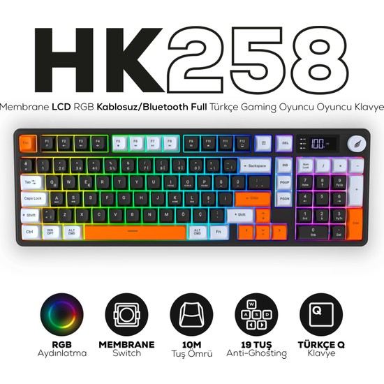 Hawk Gaming Chair HK258 Membrane LCD Rgb Kablosuz/Bluetooth Siyah Turuncu Full Türkçe Gaming Klavye