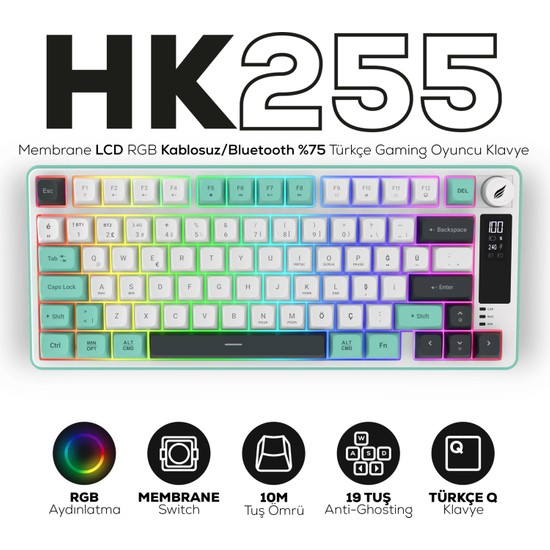 Hawk Gaming Chair HK255 Membrane LCD Rgb Kablosuz/Bluetooth Gri Yeşil %75 Türkçe Gaming Klavye