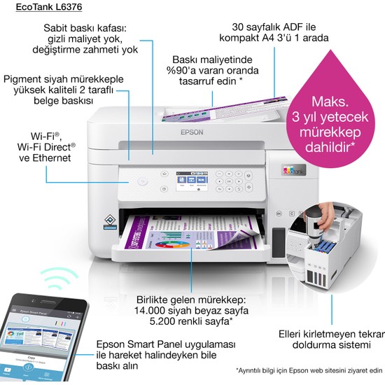 Epson Ecotank L6376 A4 Çok Fonksiyonlu Yazıcı 30 Sayfa Sarf Malzemesi ile Beyaz Renk
