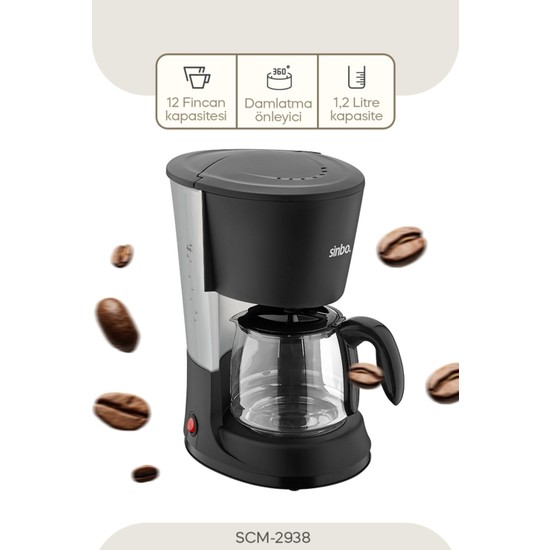 Sinbo SCM-2938 Filtre Kahve Makinesi 1.2 L Kapasite, Cam Hazne ve Damlama Emniyeti ile Siyah