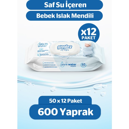 Giggles Bebek Islak Havlusu %99 Saf Su Kokusuz 600 Yaprak 12 Paket Ultra Yumuşak Temizlik