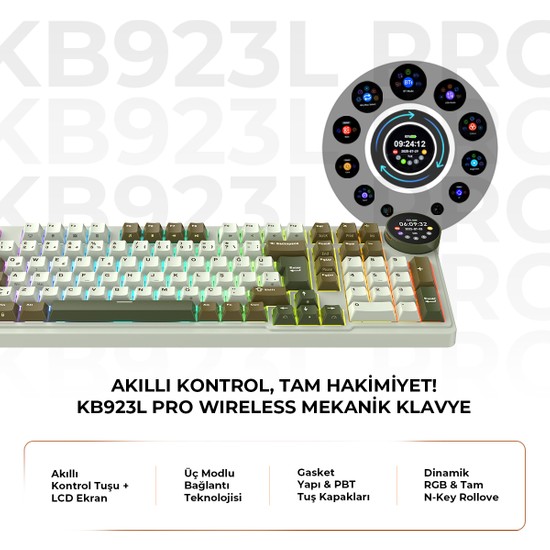 Havit Gamenote KB923L Pro Tri-Mode Kablosuz Mekanik Rgb Oyuncu Klavyesi – LCD Ekranlı
