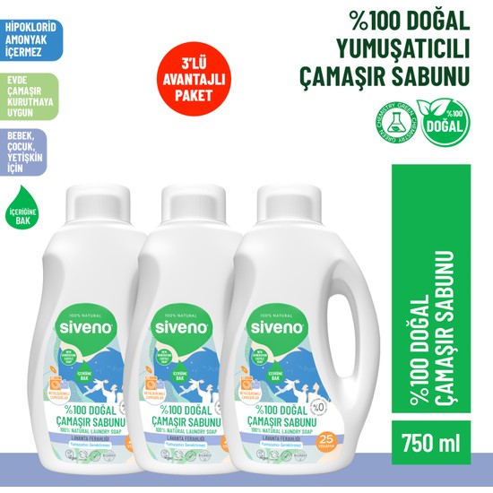 Siveno %100 Doğal Çamaşır Sabunu %100 Bitkisel Deterjan Yumuşatıcı Gerektirmez Konsantre Vegan 750 ml X3 Adet