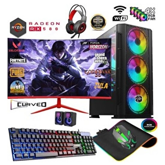 Apphirex TC88X Ryzen 5 5500 16GB 512GB M2 SSD RX580 8gb 23.6' Curved Masaüstü Oyuncu Bilgisayarı Hazır Sistem