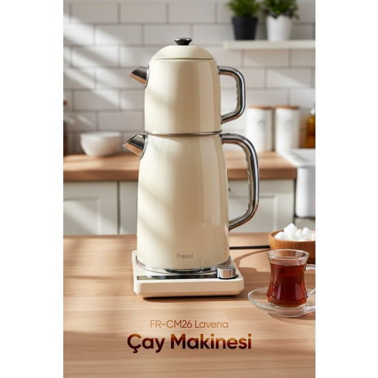 Fressi Dijital Çay Makinesi 2 In 1 Krem Renkli Çelik 0,8 L Demlik ve 1,8 L Su Isıtıcısı